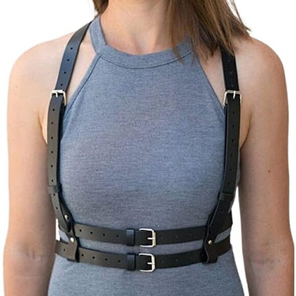 BLACK Leather Waist Shoulder Harness Garter Belt Waistband Slave Fetish Bondage - Picture 1 of 7